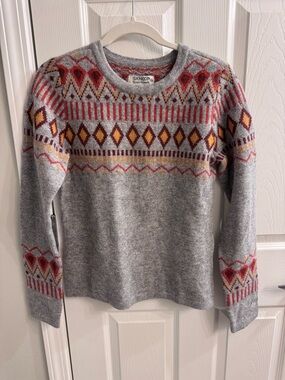 Skhoop Gray Fair Isle Crewneck Sweater with Red & Gold Accents